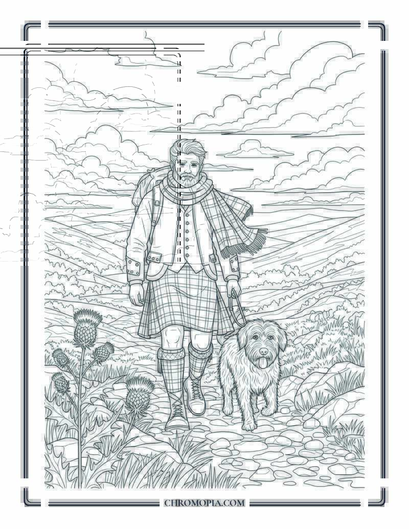Scottish Man In Tartan Scarf And Dog In Highlands Autumn Coloring Page