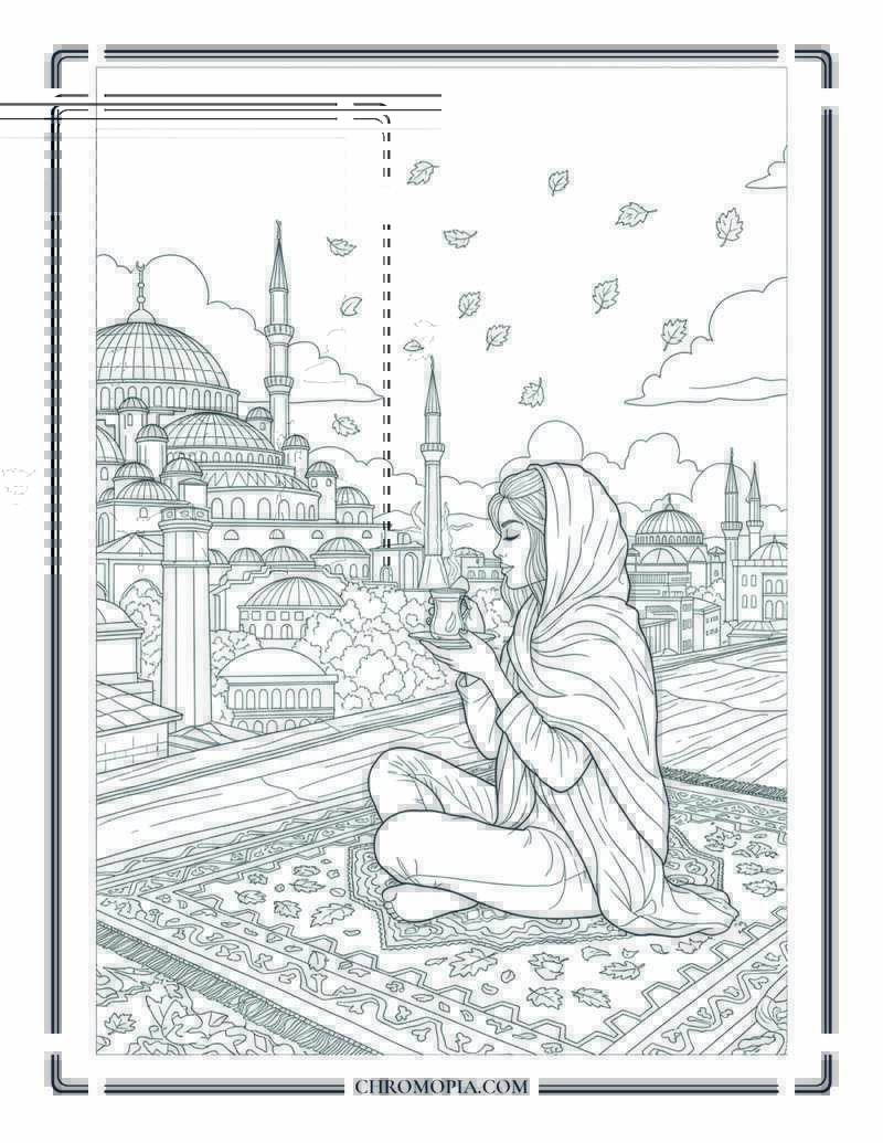 Turkish Woman Drinking Tea On Rooftop At Sunset Autumn Coloring Sheet
