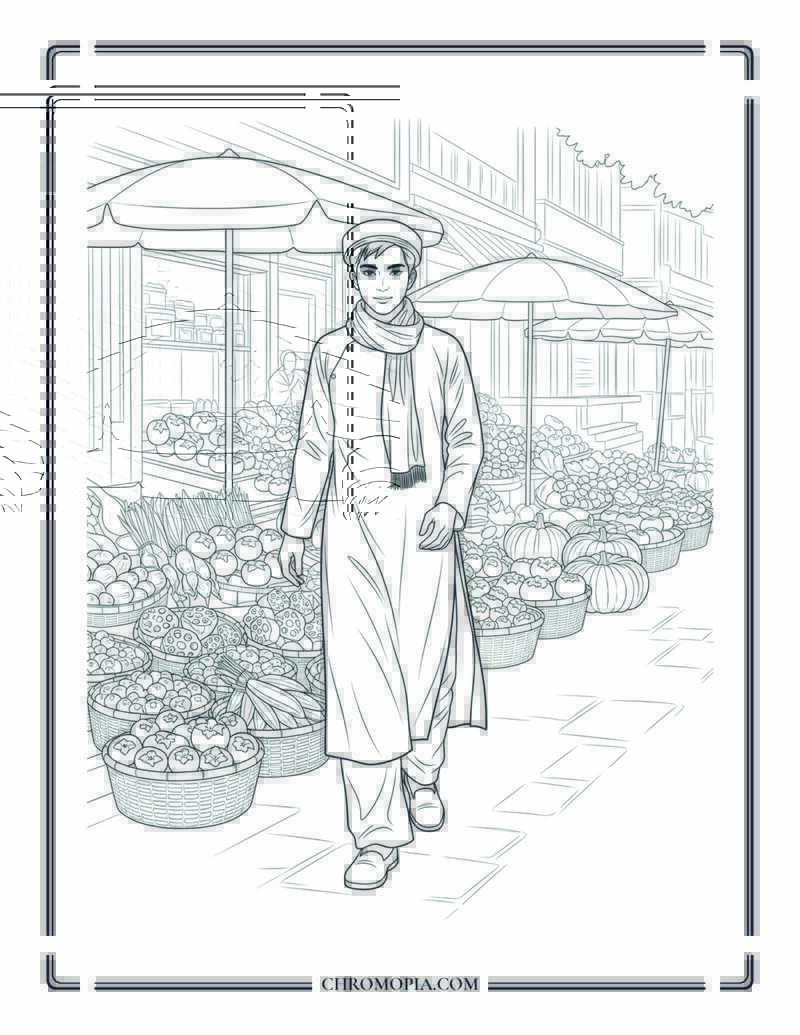 Vietnamese Man In Ao Dai Walking Through Autumn Street Market Coloring Page