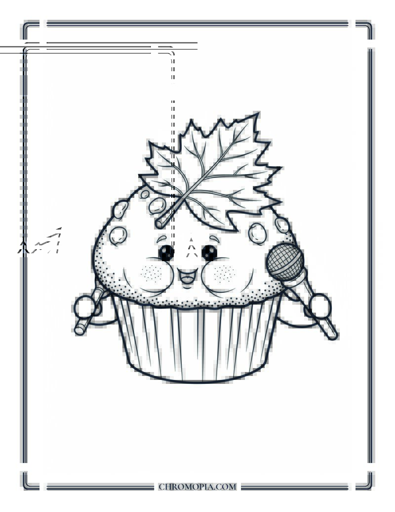 Autumn Muffin With Leaf Hat Fall Treat Coloring Page