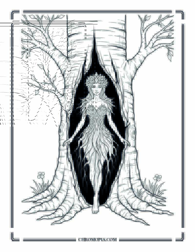 Autumn Dryad Emerging From Birch Tree Tree Spirit Coloring Sheet