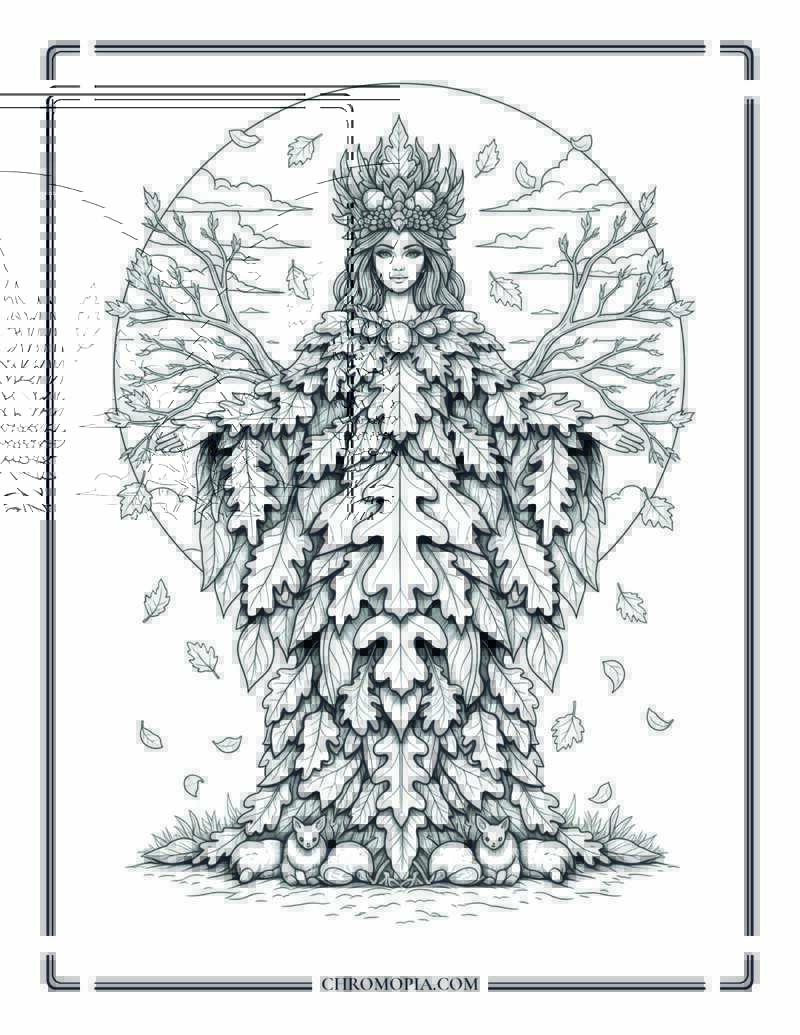 Autumn Leaf Goddess With Oak Crown Fall Spirit Coloring Page