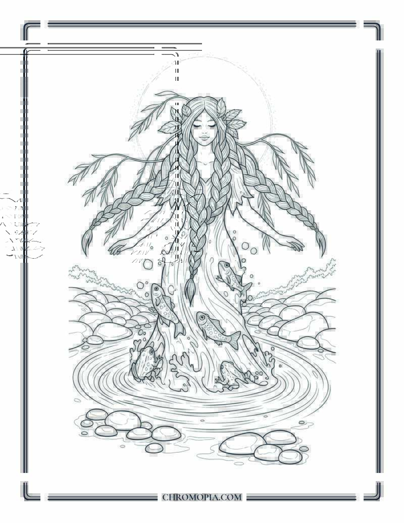 Autumn River Spirit With Long Braided Leaves Fantasy Water Elemental Coloring Page