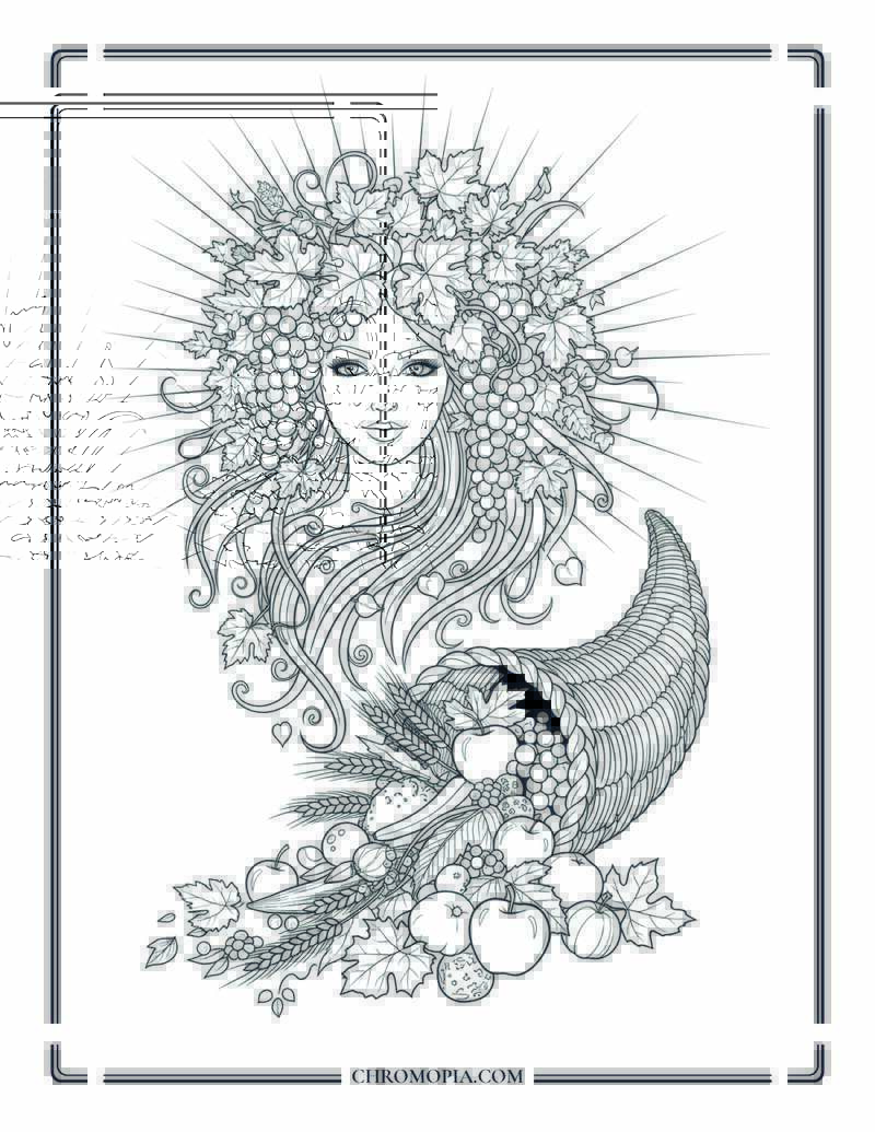 Cornucopia Queen With Vine Hair Autumn Abundance Coloring Sheet