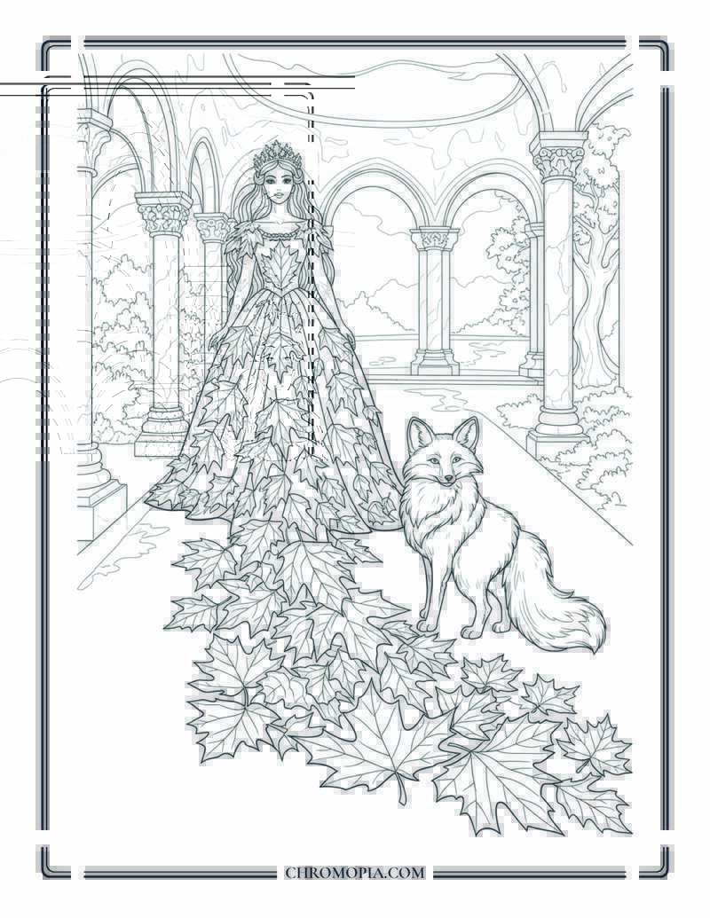 Crimson Maple Princess With Fox Companion Royal Fall Coloring Page
