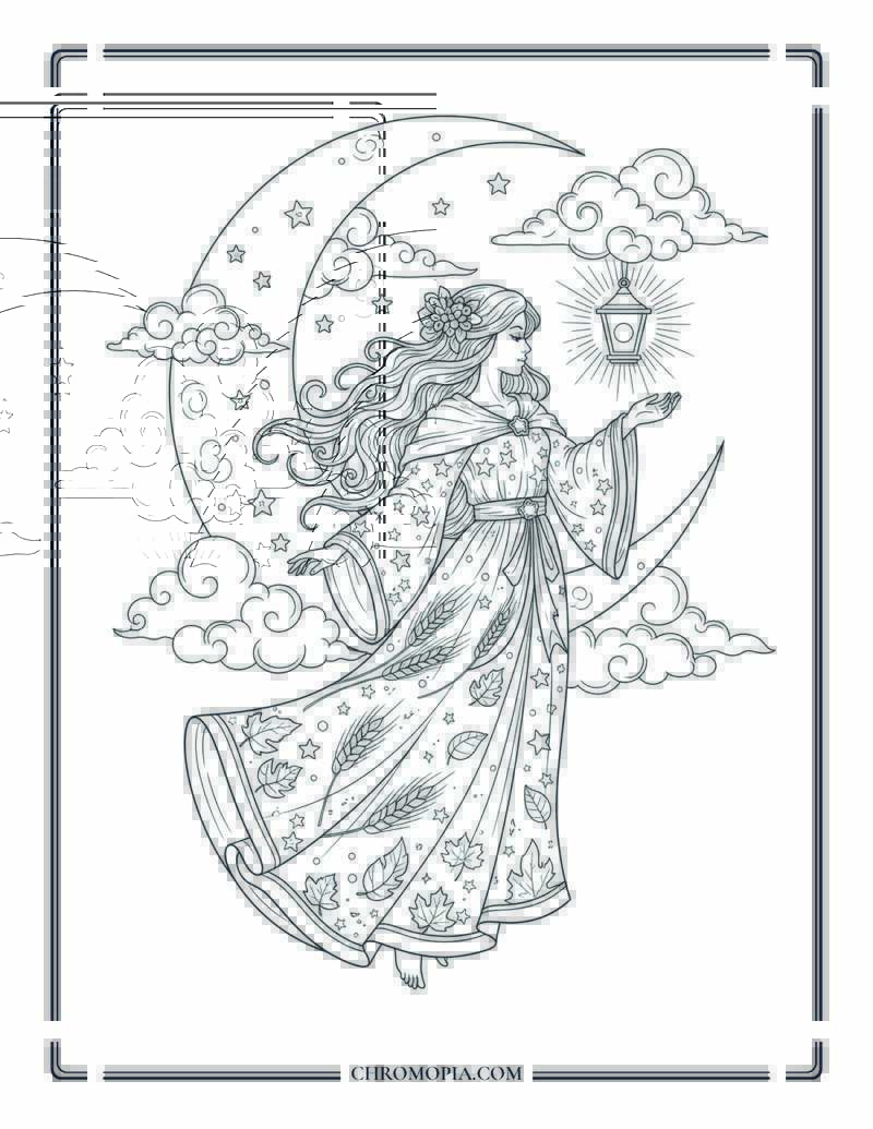 Goddess Of Harvest Moon Celestial Autumn Coloring Page