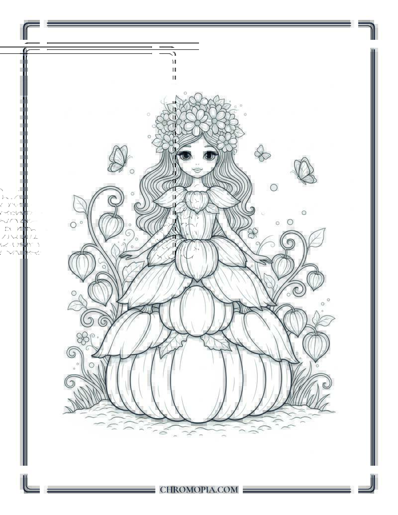 Pumpkin Blossom Girl In Garden Dress Autumn Flower Girl Coloring Sheet