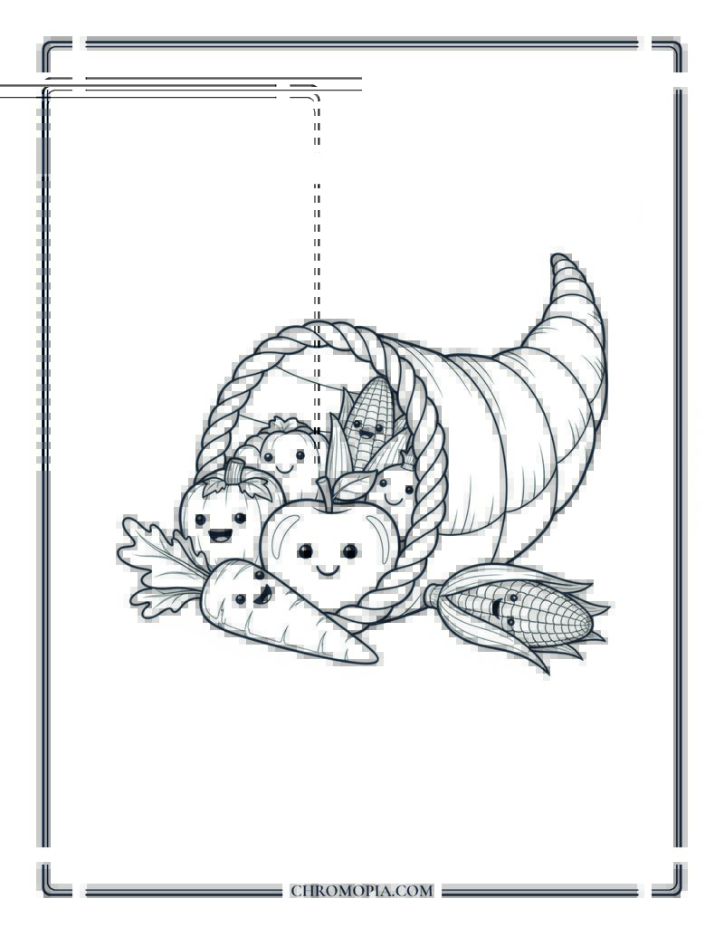 Cornucopia With Smiling Veggies Fall Harvest Coloring Page