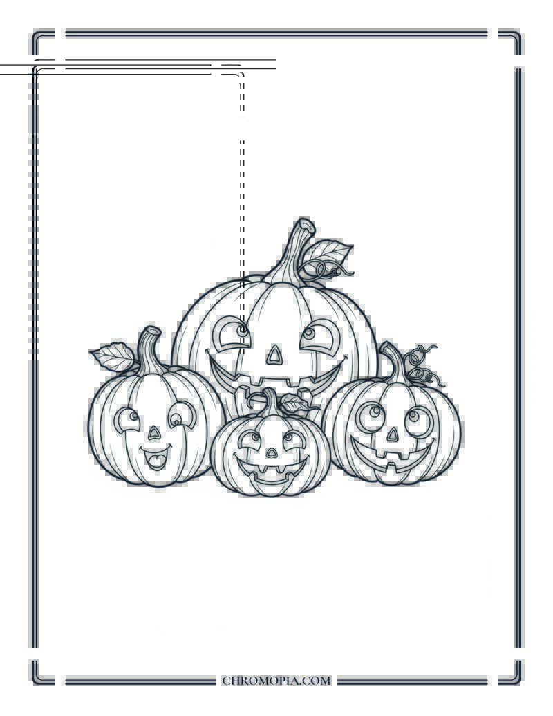 Group Of Happy Pumpkins Cute Halloween Coloring Page For Kids