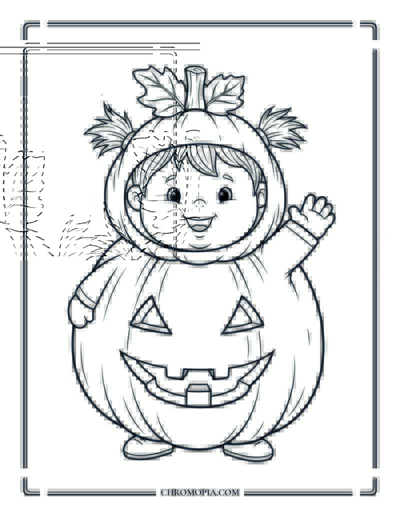 Kid In Pumpkin Costume Cute Halloween Coloring Page For Toddlers