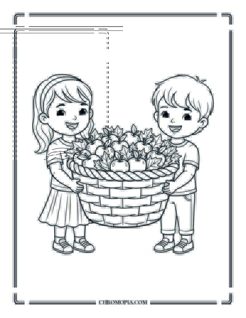 Kids Holding Fall Harvest Basket Group Thanksgiving Coloring Page