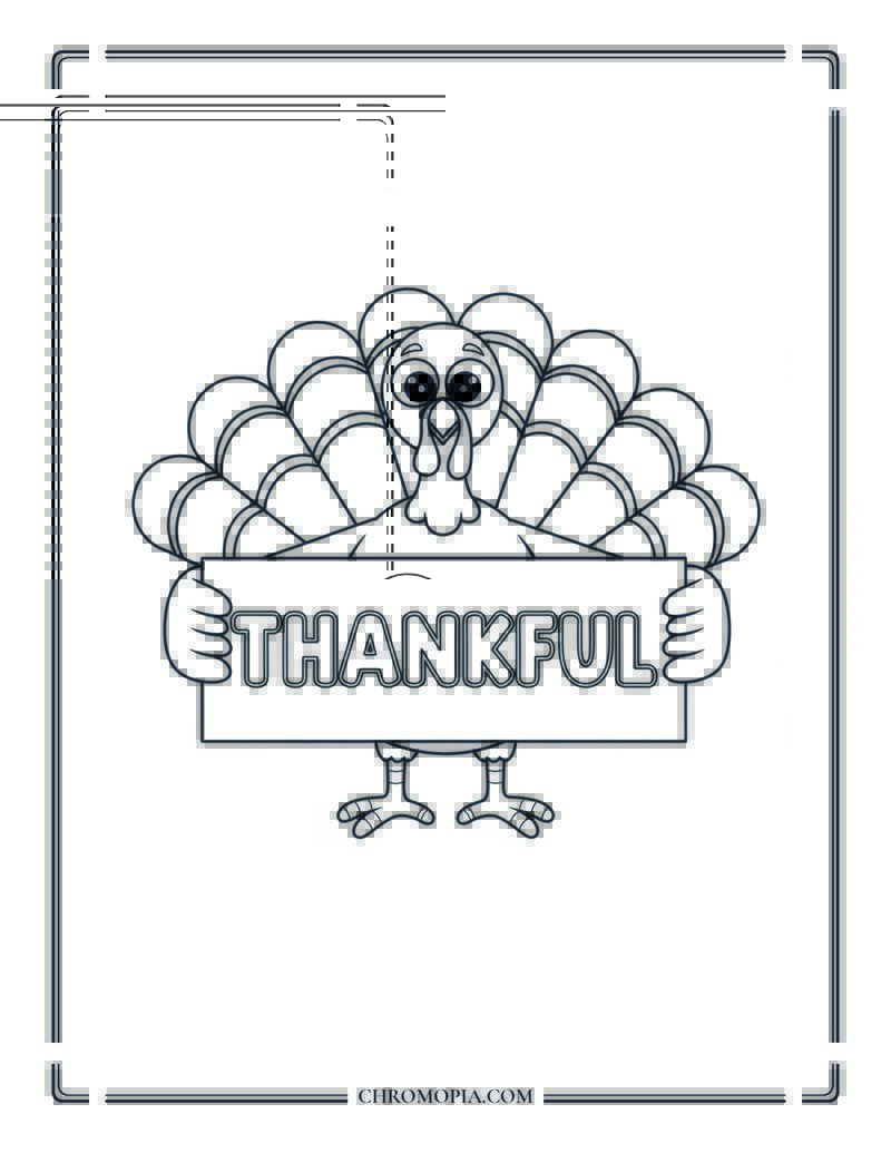 Turkey Holding Thankful Sign Preschool Thanksgiving Coloring Page