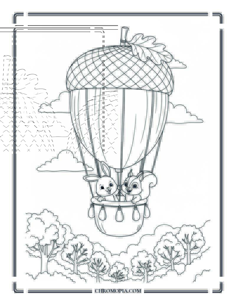 Acorn Balloon Ride With Bunny And Squirrel Fall Sky Adventure Coloring Page
