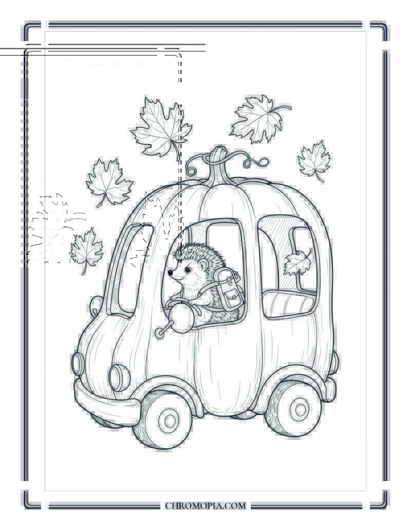 Backpack Wearing Hedgehog Riding Autumn Bus Funny Vacation Coloring Page