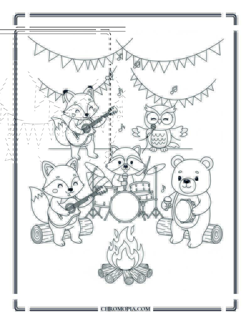 Fall Animal Band Playing At Campfire Party Cute Coloring Sheet