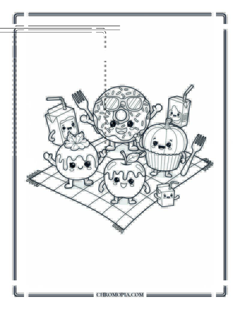 Fall Food Picnic With Talking Donuts And Apples Funny Food Party Coloring Page