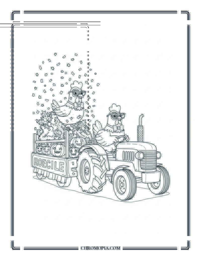 Fall Parade Float With Chicken Driving Tractor Funny Animal Coloring Page