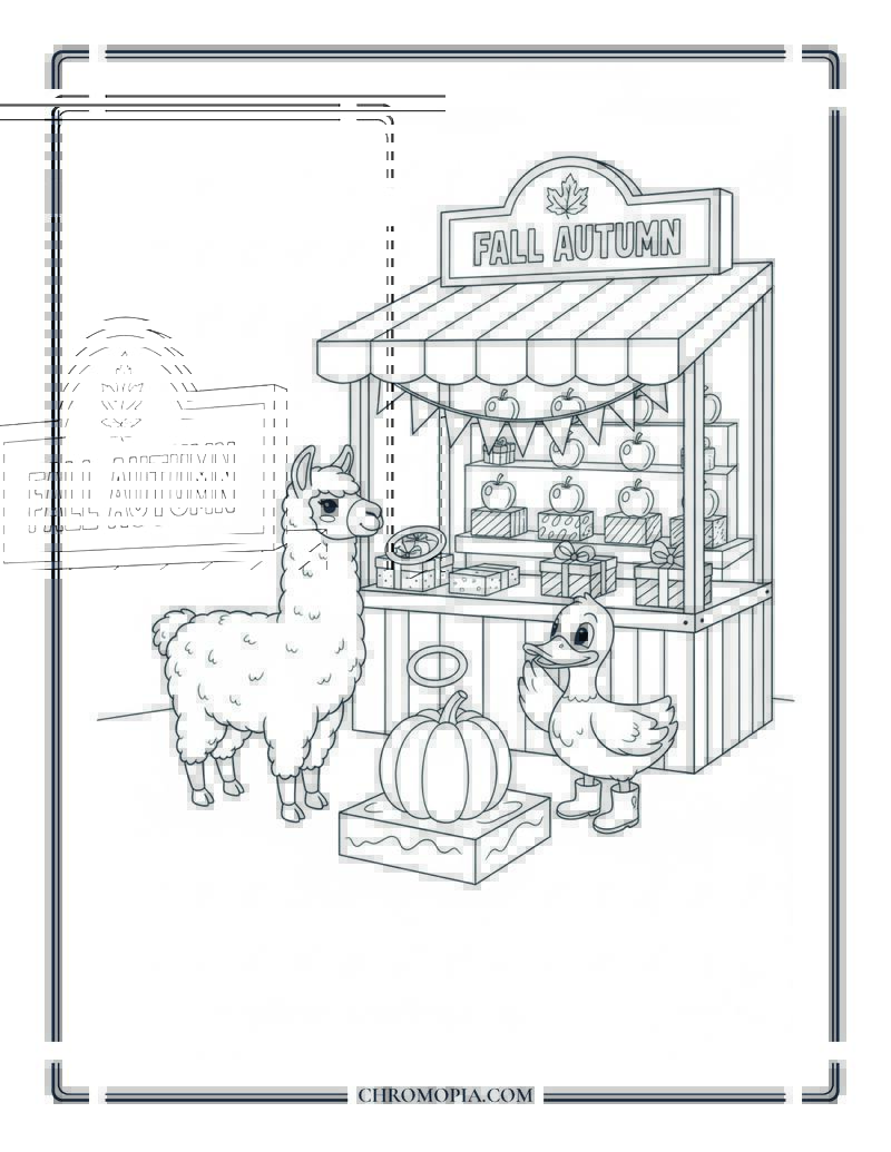 Llama And Duck At Fall Carnival Game Booth Cute Autumn Activity Coloring Page