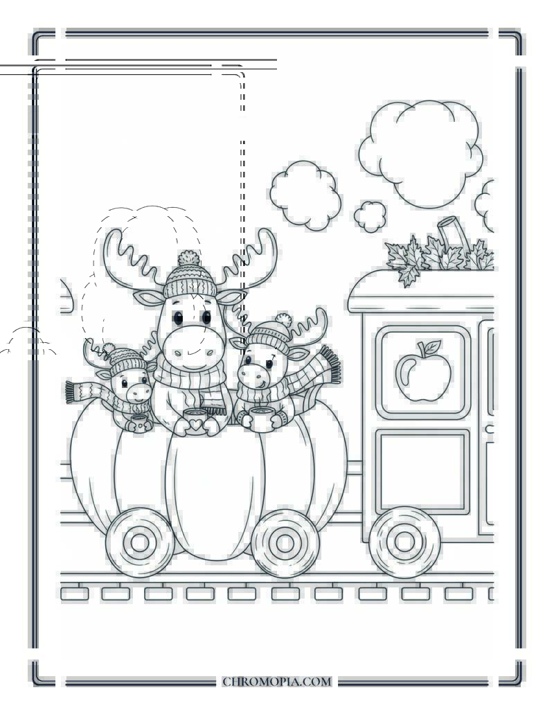 Moose Family On Autumn Train Ride Cozy Travel Coloring Page