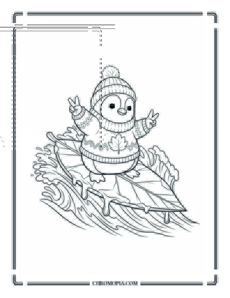 Penguin In Sweater On Autumn Surfboard Silly Fall Sport Coloring Page