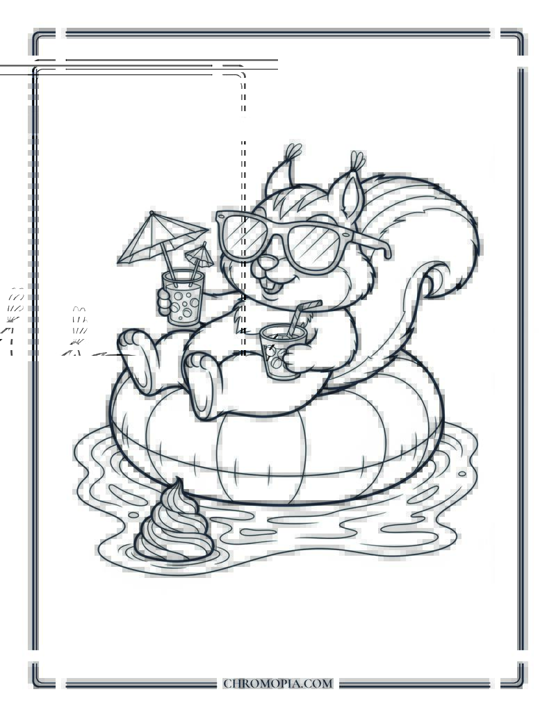 Squirrel In Sunglasses On Pumpkin Floaty Autumn Pool Party Coloring Page