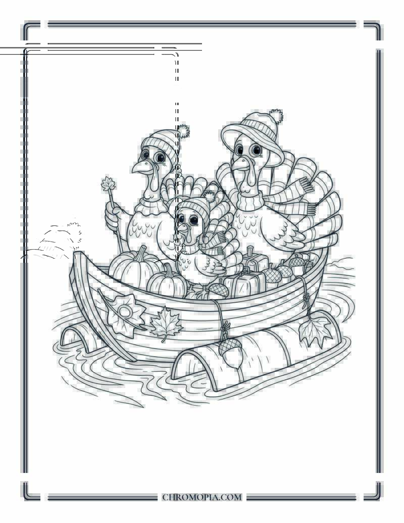Turkey Family On A Leaf Boat Vacation Fall Coloring Page