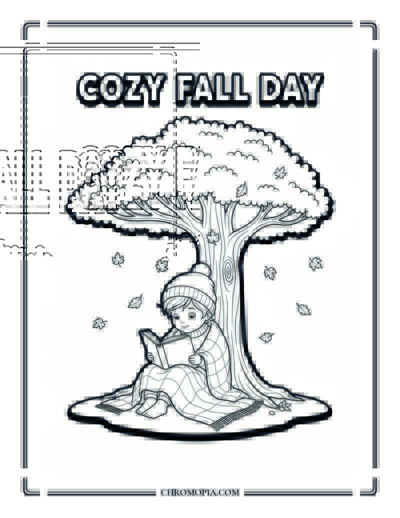 Cozy Fall Day With Kid Reading Under A Tree Autumn Story Time Coloring Page