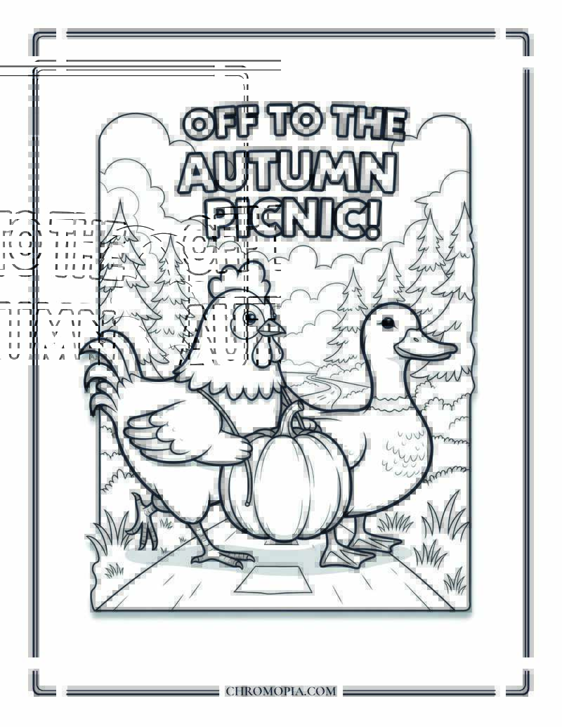 Happy Chicken And Duck Crossing Fall Path Funny Animal Scene With Text Coloring Page