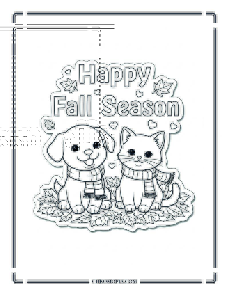 Happy Fall Season With Pets In Scarves Easy Animal Coloring Sheet