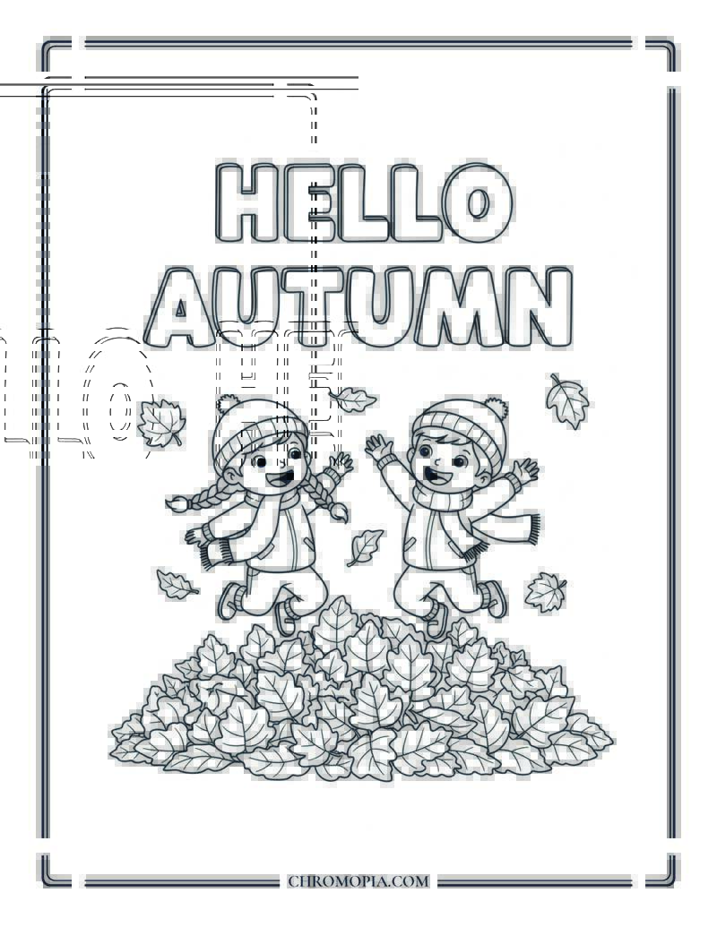 Hello Autumn With Jumping Kids In Leaves Preschool Coloring Page