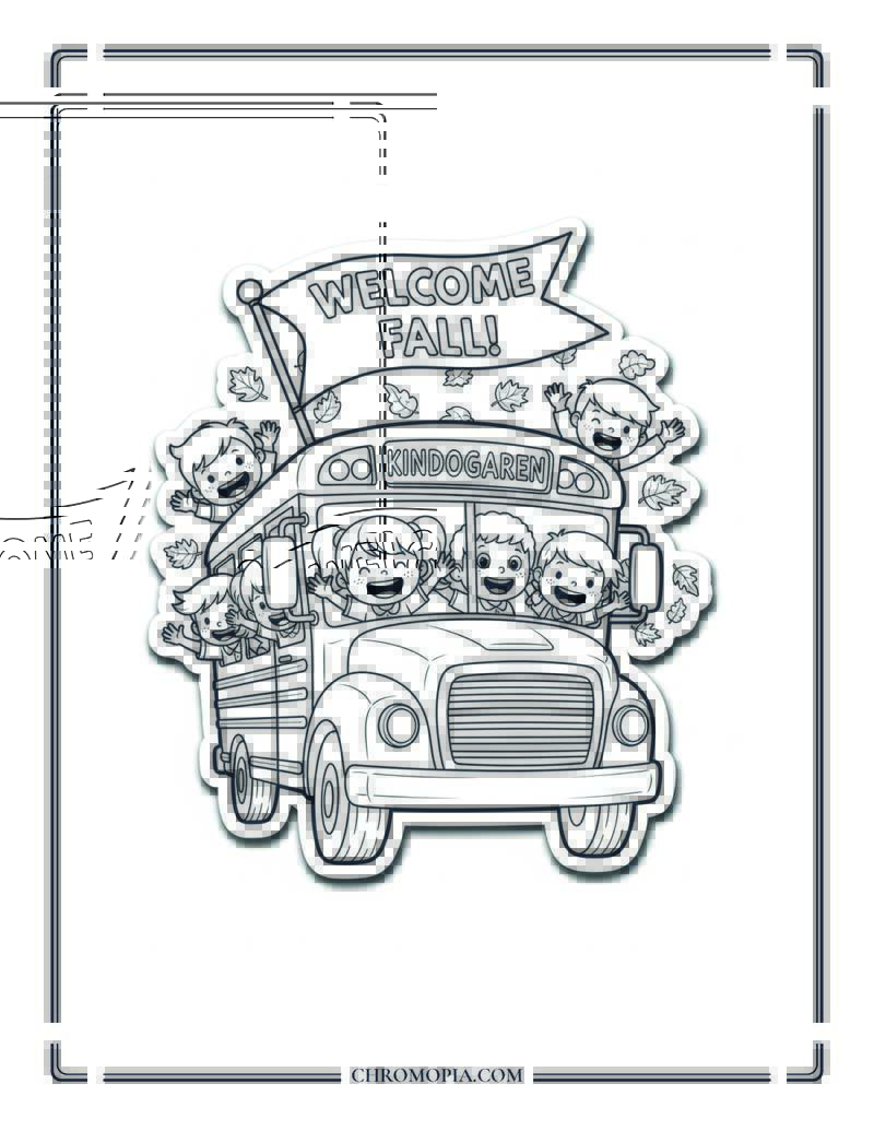 Kindergarten Kids On School Bus With Fall Banner Back To School Autumn Coloring Page