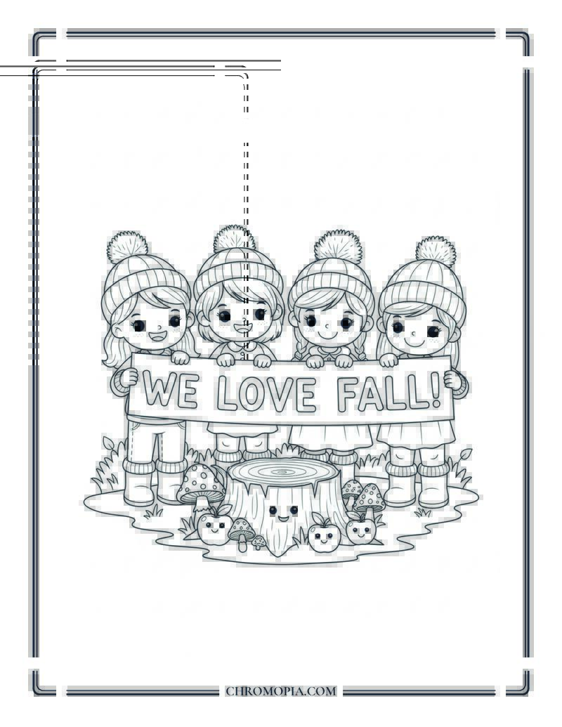 Preschool Friends Holding A We Love Fall Sign Group Coloring Page