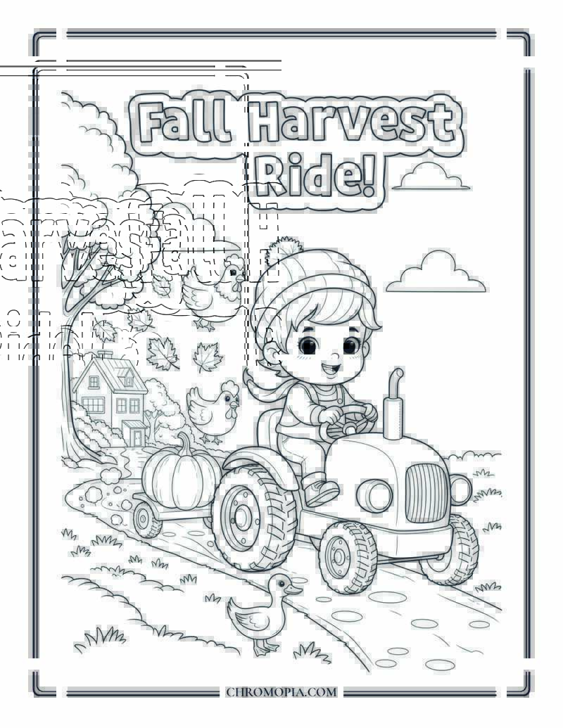 Young Child Driving Toy Tractor With Fall Harvest Cute Vehicle Coloring Page