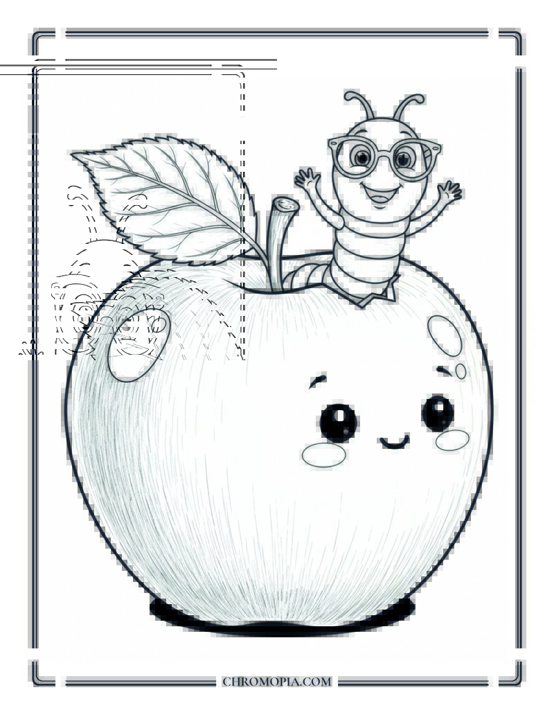Apple With A Worm Friend Cute Autumn Coloring Page For Kids