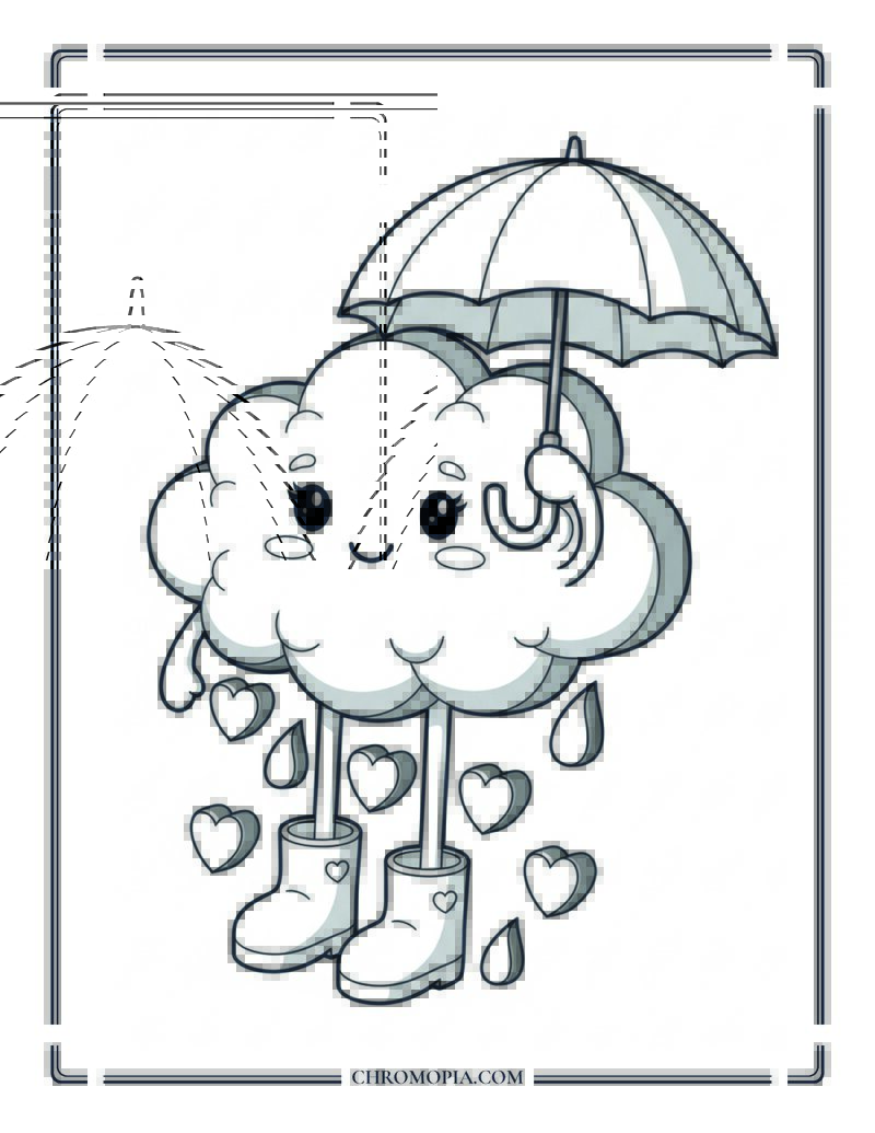 Rain Cloud With Umbrella And Boots Fun Autumn Weather Coloring Page
