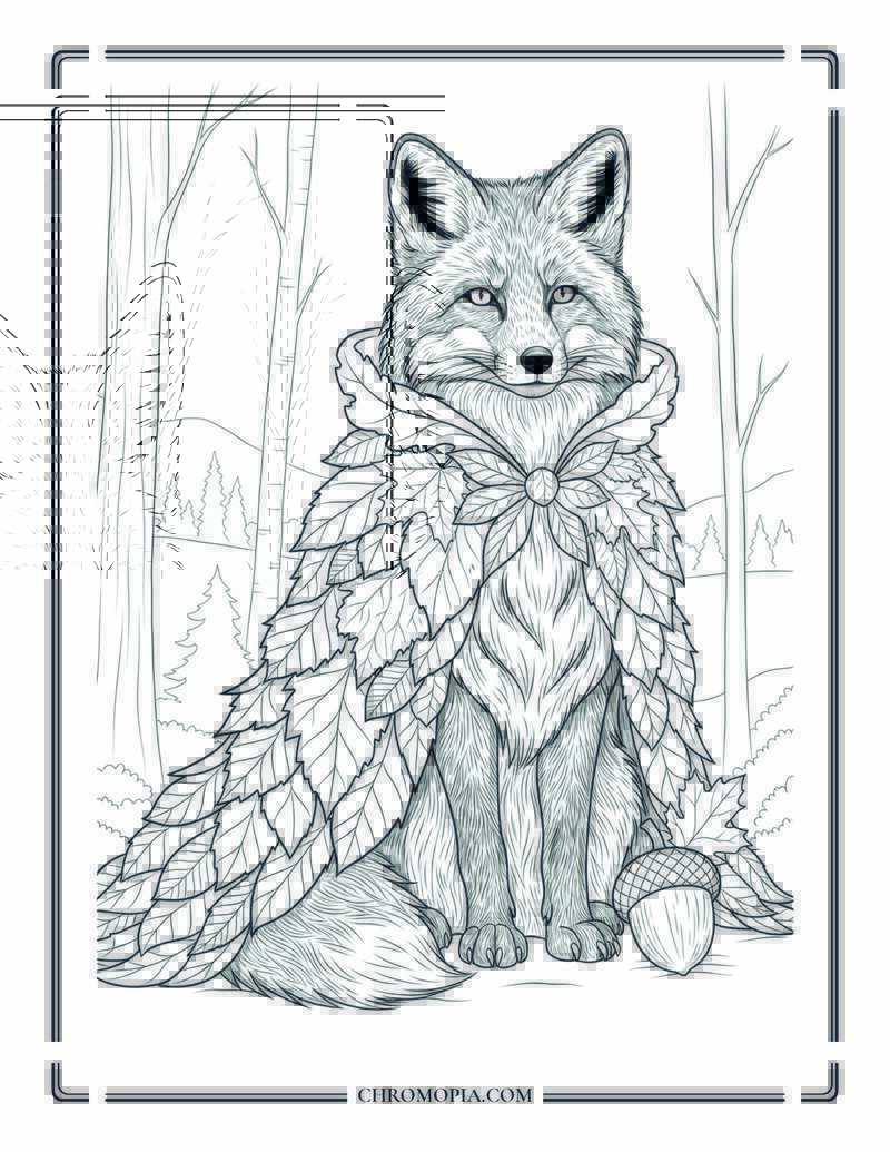 Autumn Spirit Fox With Leaf Cloak Nature Animal Coloring Page