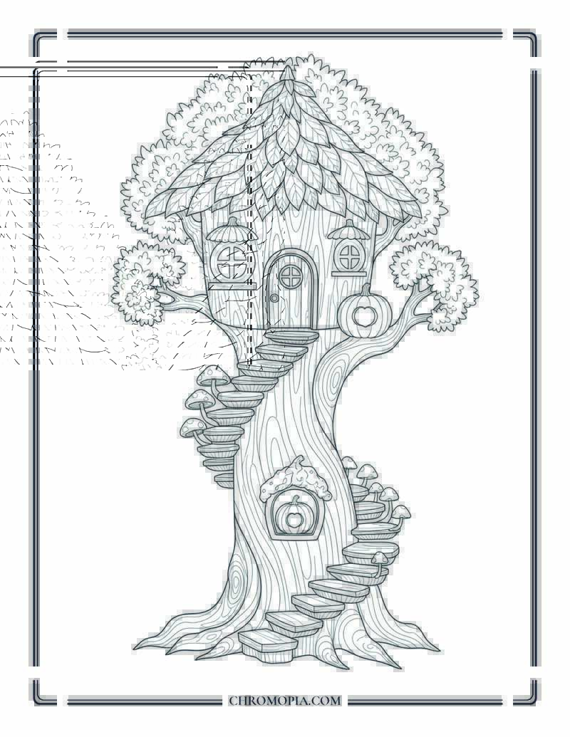 Fairy Tree House With Pumpkin Windows Autumn Magical House Coloring Page