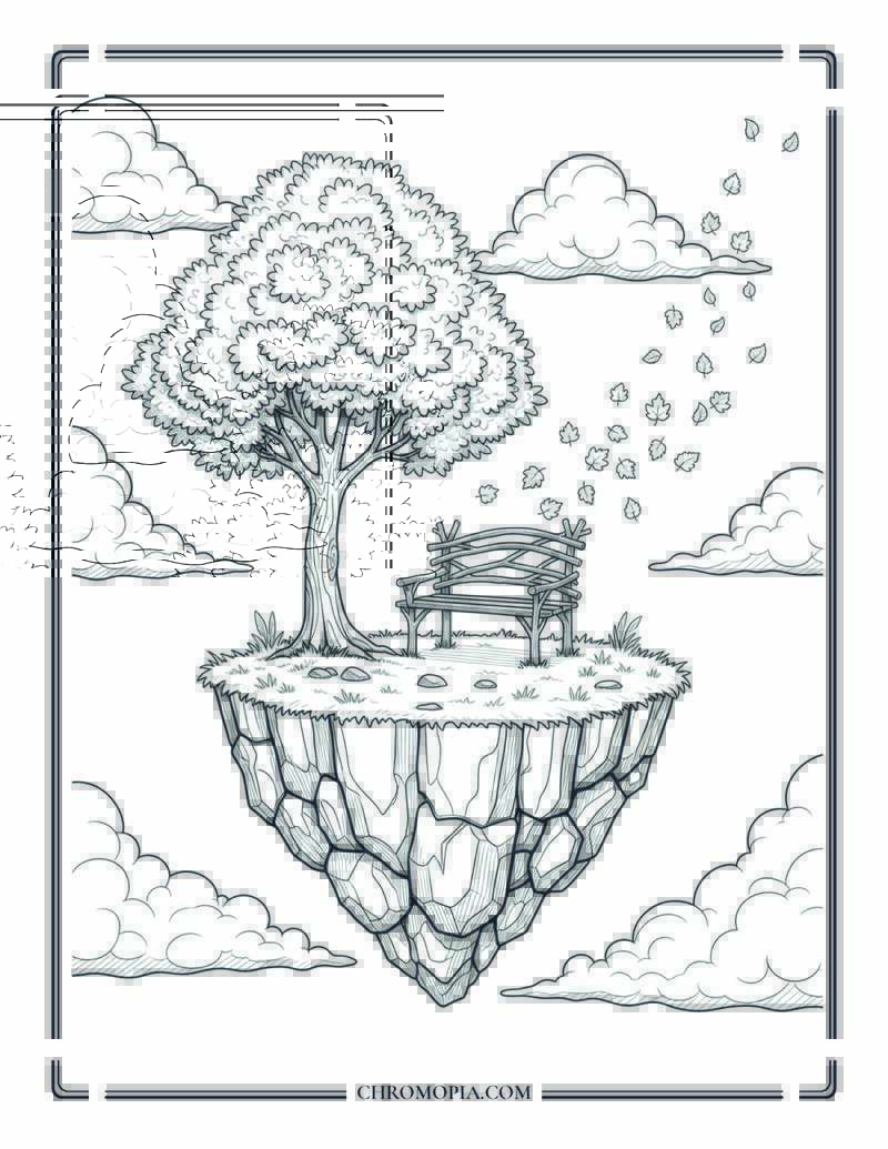 Floating Fall Island With One Tree And Fairy Bench Fantasy Environment Coloring Page