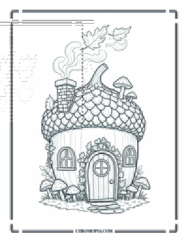 Mossy Acorn Cottage In Fall Woods Magical Autumn Home Coloring Sheet
