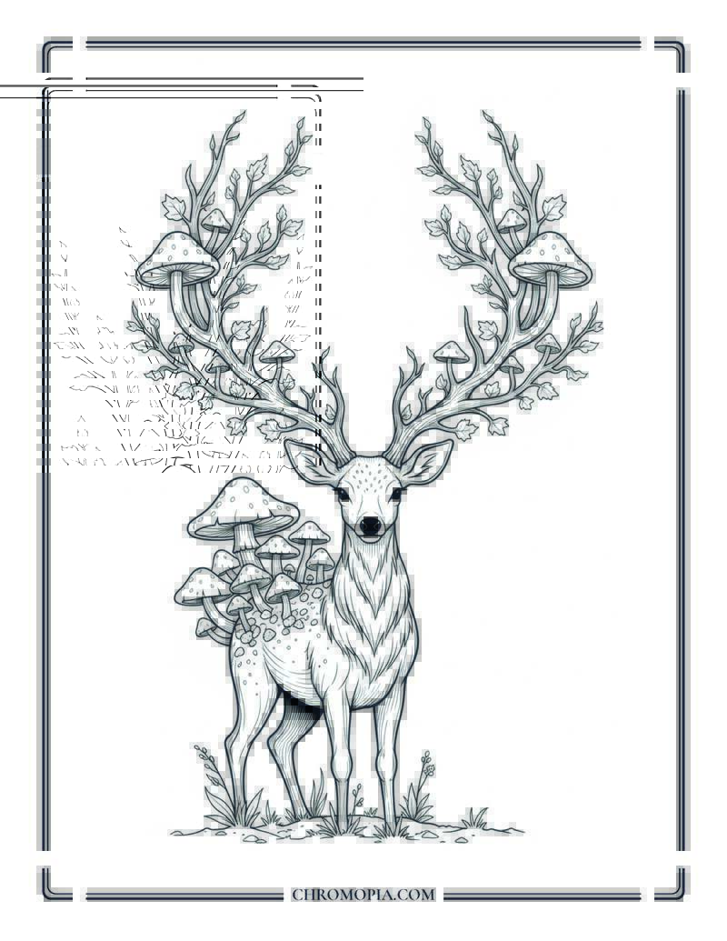 Mushroom Deer With Autumn Antlers Fall Fantasy Creature Coloring Page