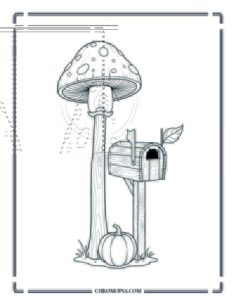 Mushroom Lamp Post And Fairy Mailbox Simple Magical Object Scene Coloring Page