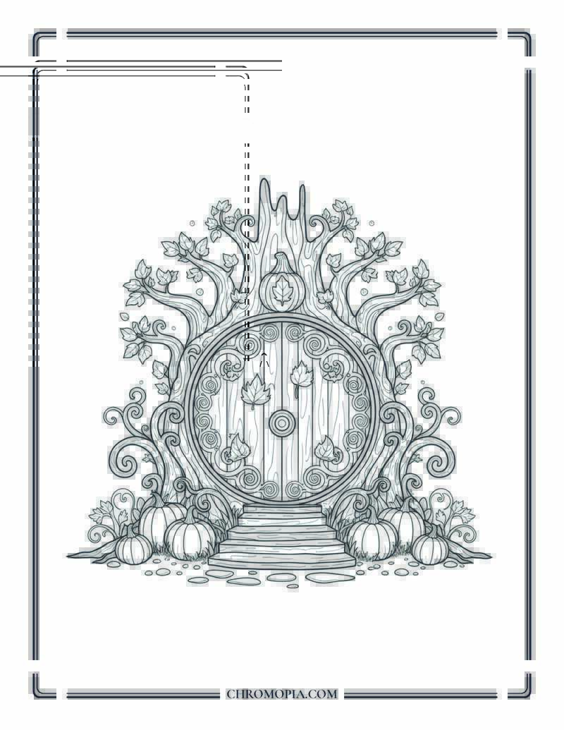 Pumpkin Fairy Portal Door In Tree Enchanted Autumn Environment Coloring Page