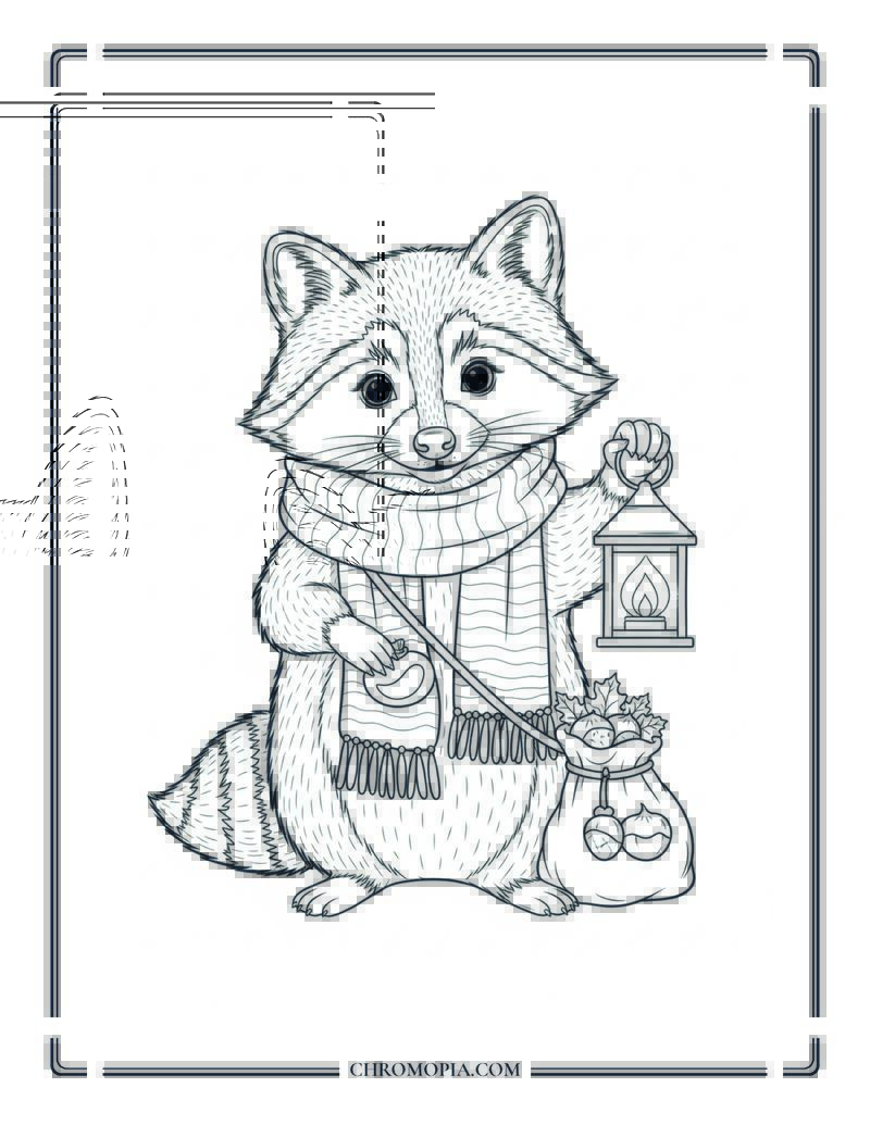 Raccoon Spirit With Scarf And Lantern Kid Friendly Fall Animal Coloring Sheet