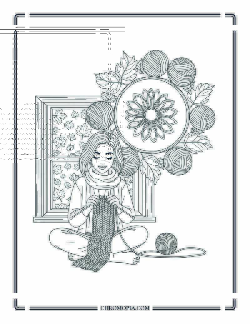 Autumn Knitting Time Mandala Indoor Hobby Scene Coloring Page