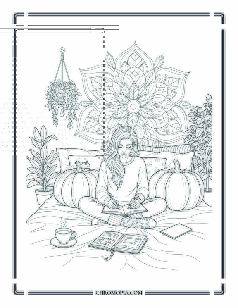 Autumn Self Care Mandala Cozy Bedroom Scene With Mandala Accents Coloring Page
