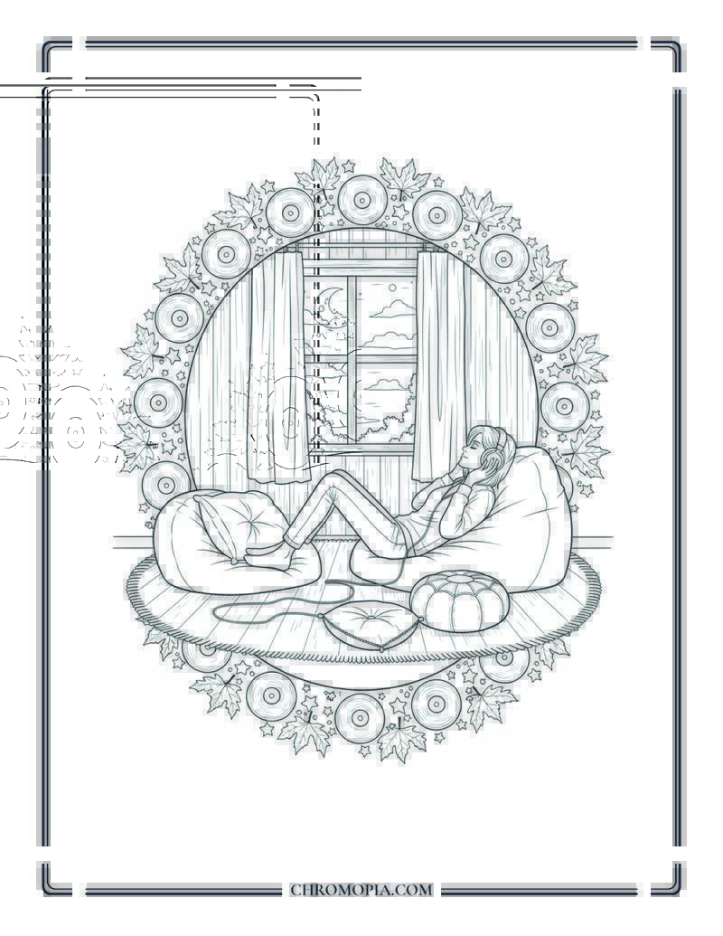 Fall Music And Mandala Meditation Peaceful Autumn Evening Scene Coloring Page