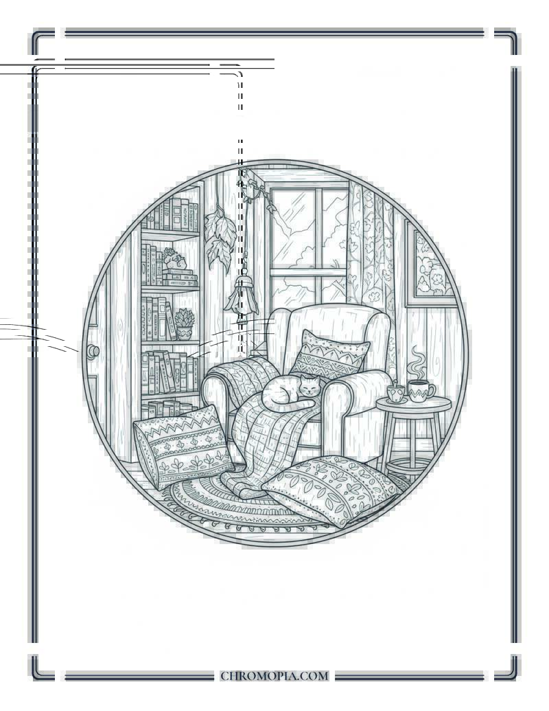 Mindful Reading Nook Mandala Aesthetic Indoor Autumn Retreat Coloring Page