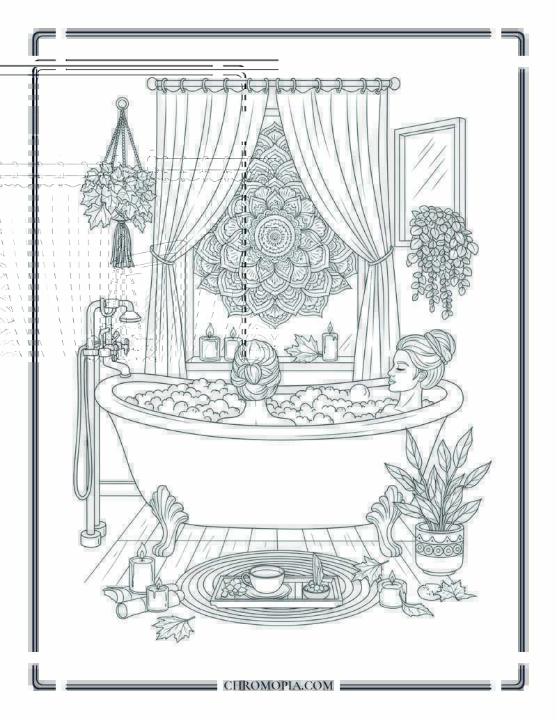Warm Autumn Bath Mandala Mindful Indoor Spa Scene Coloring Page