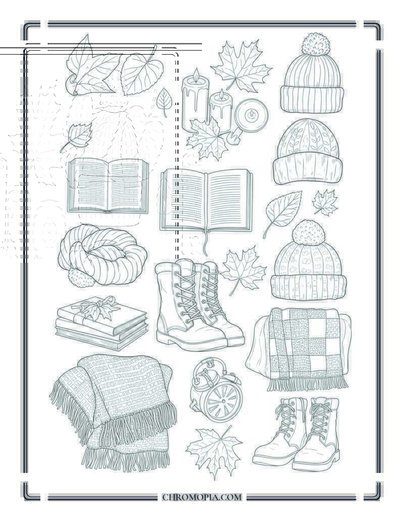 Aesthetic Autumn Collage Leaves Books Candles Hats Coloring Page
