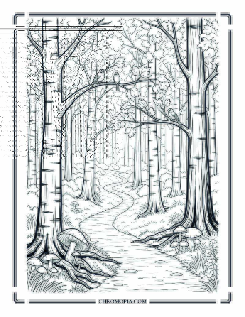 Autumn Forest Path Adult Woodland Scene Coloring Page